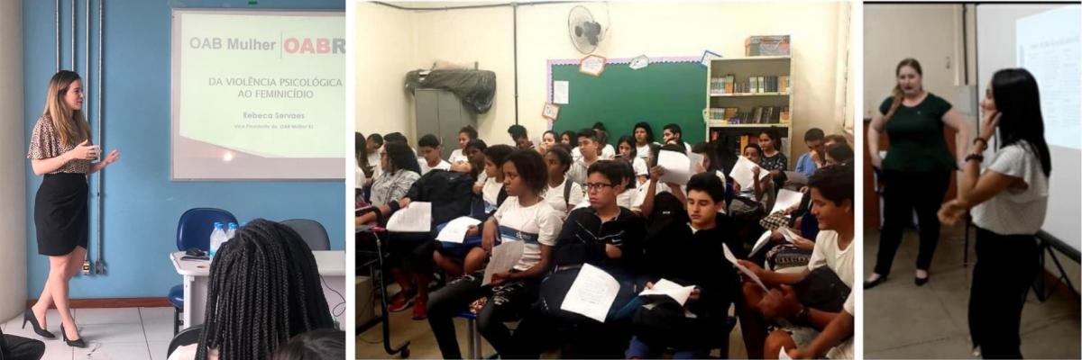 Rebeca Servaes (na foto à esq.) e mais integrantes da Seccional no projeto OAB Mulher Vai à Escola / Acervo pessoal